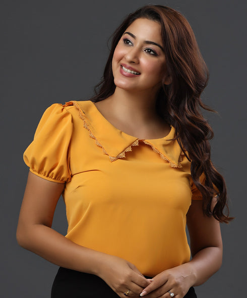 Pointed Collar Trim Detail Mustard Top